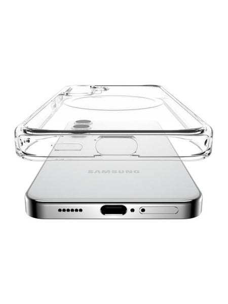 A Samsung Galaxy S24 Clear MagSafe Case - Raptic CLEAR is shown above a silver Samsung Galaxy S24, perfectly positioned to align with the device. The view focuses on the phone's bottom edge, showcasing the charging port and speaker grills. Enhanced with shock absorption, this case ensures both style and security for your phone.