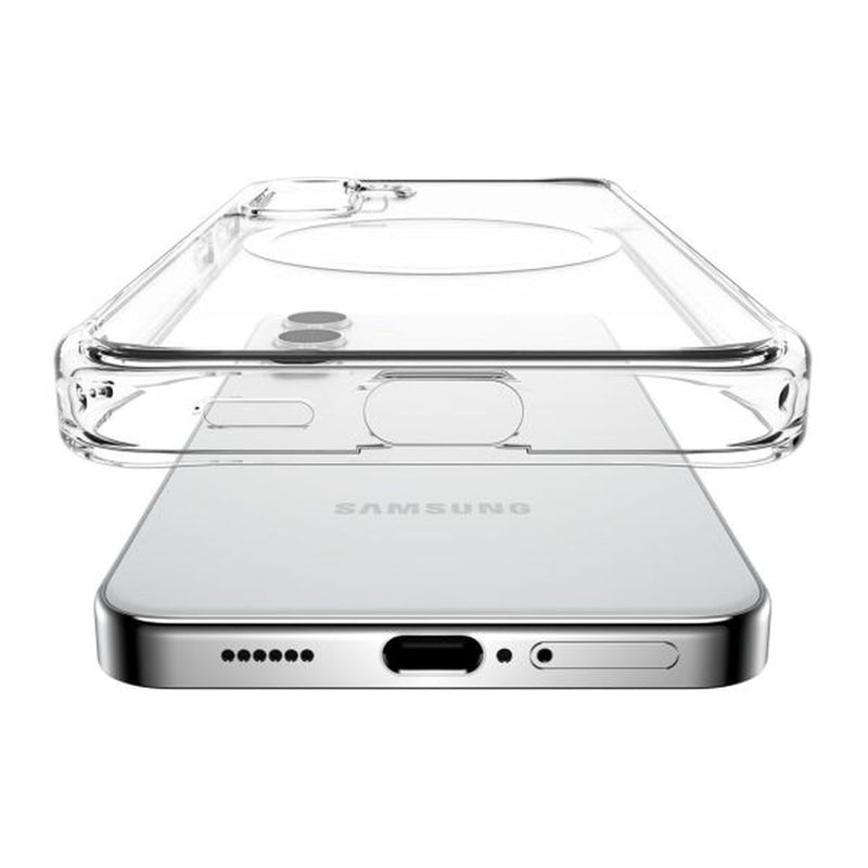 A Samsung Galaxy S24 Clear MagSafe Case - Raptic CLEAR is shown above a silver Samsung Galaxy S24, perfectly positioned to align with the device. The view focuses on the phone's bottom edge, showcasing the charging port and speaker grills. Enhanced with shock absorption, this case ensures both style and security for your phone.