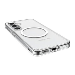 A transparent Raptic Samsung Galaxy S24 Clear MagSafe Case - Raptic CLEAR with reinforced corners is shown, offering shock absorption. It features openings for the camera, charging port, and buttons. The back has a circular design likely for wireless charging compatibility.