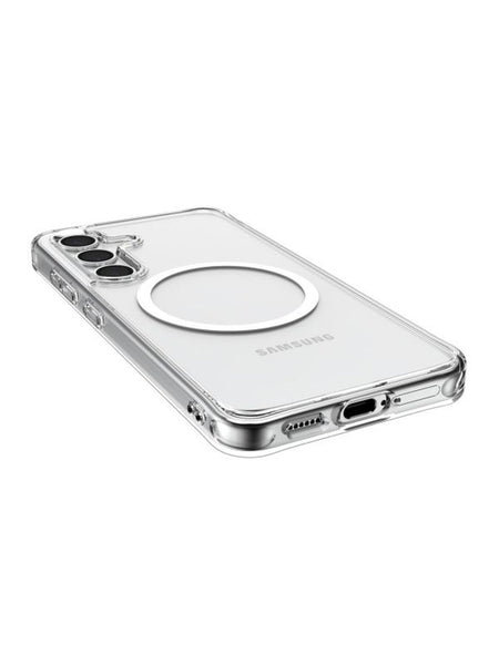 A transparent Raptic Samsung Galaxy S24 Clear MagSafe Case - Raptic CLEAR with reinforced corners is shown, offering shock absorption. It features openings for the camera, charging port, and buttons. The back has a circular design likely for wireless charging compatibility.