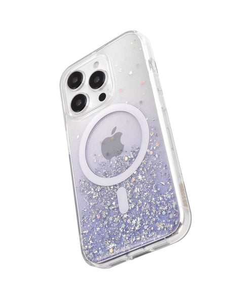 A glittery iPhone 15 Starburst Glitter MagSafe Case - Bryten by Raptic compatible with wireless charging.