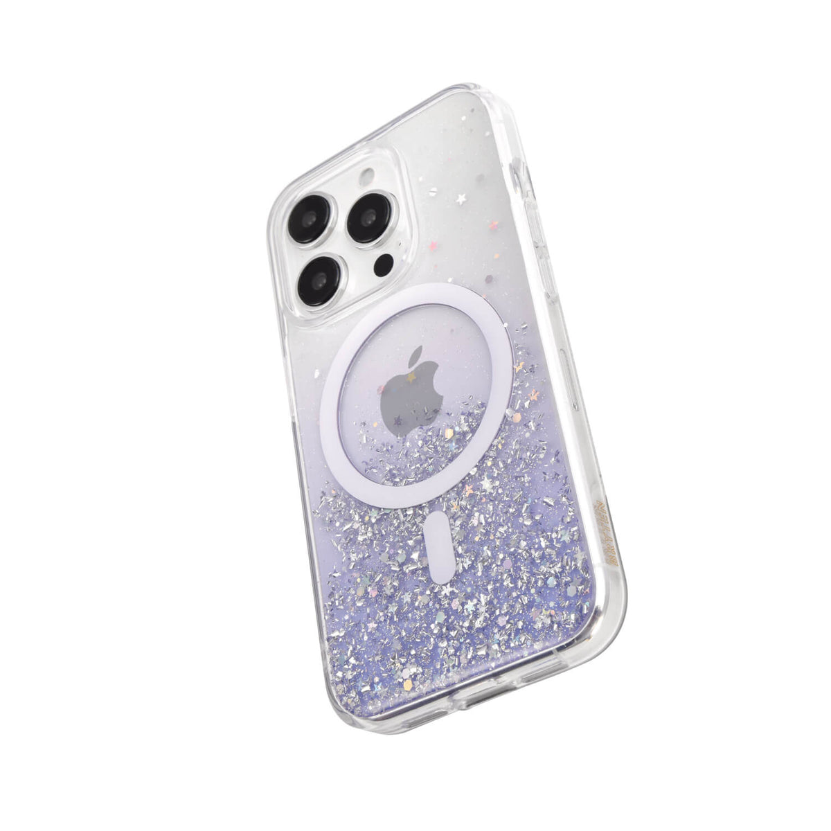 A glittery iPhone 15 Starburst Glitter MagSafe Case - Bryten by Raptic compatible with wireless charging.