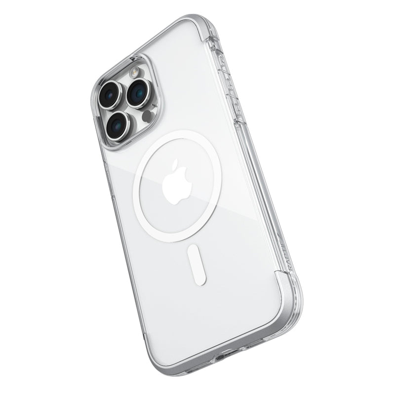 Transparent Bumper MagSafe Impact Clear Case - Air on a white iPhone with a triple camera system, showcasing the Apple logo through the clear material.