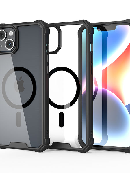 Protective case for an iPhone with a transparent back and black edges, featuring MagSafe compatibility and showcasing the internal Apple logo and camera system.

Replace with:
Protective case for an iPhone with a transparent back and black edges, featuring MagSafe compatibility and showcasing the internal Apple logo and camera system - Clear Tough MagSafe Case iPhone 15 from Raptic.