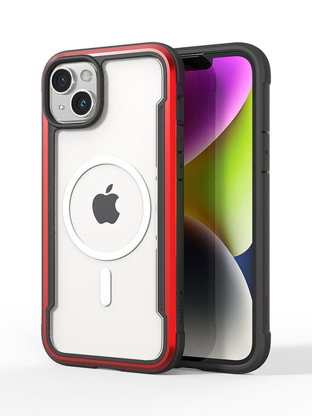 A red and black Raptic iPhone 15 MagSafe Shield case on a white iPhone, featuring a clear back to display the apple logo, positioned against a white background.
