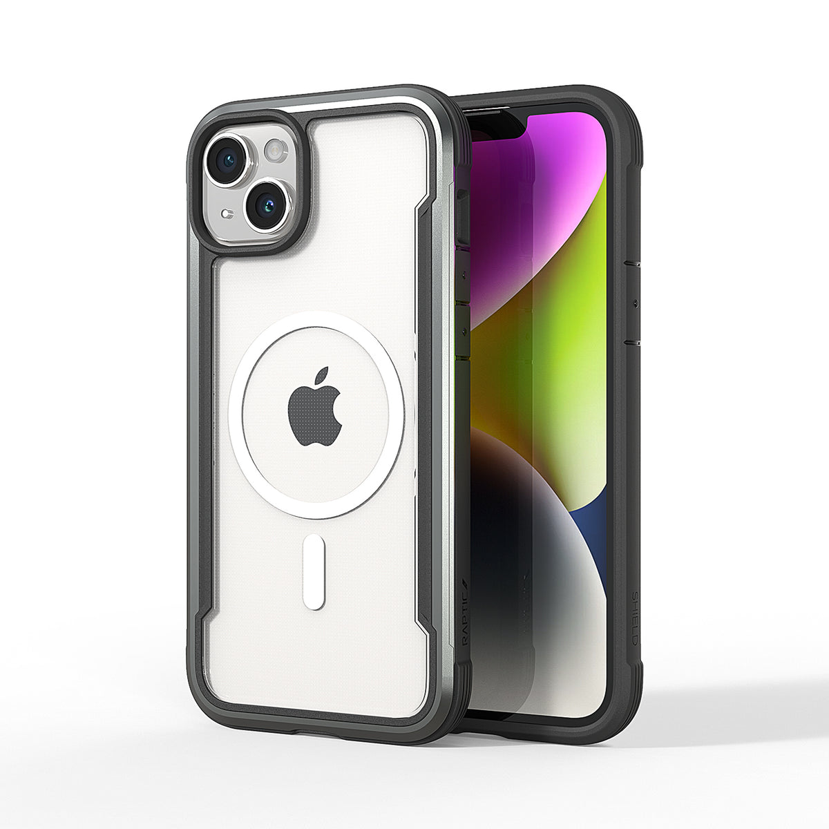 Transparent Raptic iPhone 15 MagSafe Shield case featuring a visible apple logo, black border, and camera cutout with 3-metre drop protection, against a plain white background.