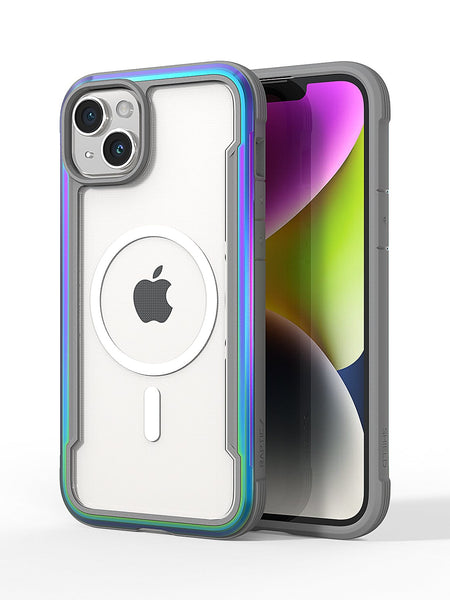 An Raptic iPhone 15 MagSafe Shield Case with accentuated edges, showcasing the Apple logo through a circular cutout, displayed on a white background.