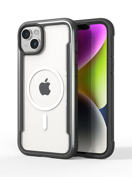 Transparent Raptic iPhone 15 MagSafe Shield case featuring a visible apple logo, black border, and camera cutout with 3-metre drop protection, against a plain white background.