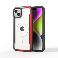 A red and black Raptic iPhone 15 MagSafe Shield case on a white iPhone, featuring a clear back to display the apple logo, positioned against a white background.