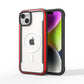 A red and black Raptic iPhone 15 MagSafe Shield case on a white iPhone, featuring a clear back to display the apple logo, positioned against a white background.