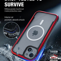 Red and clear Raptic iPhone 15 MagSafe Shield case displayed amidst shattered glass, highlighting shock absorption features and drop resistance up to 3 metres.