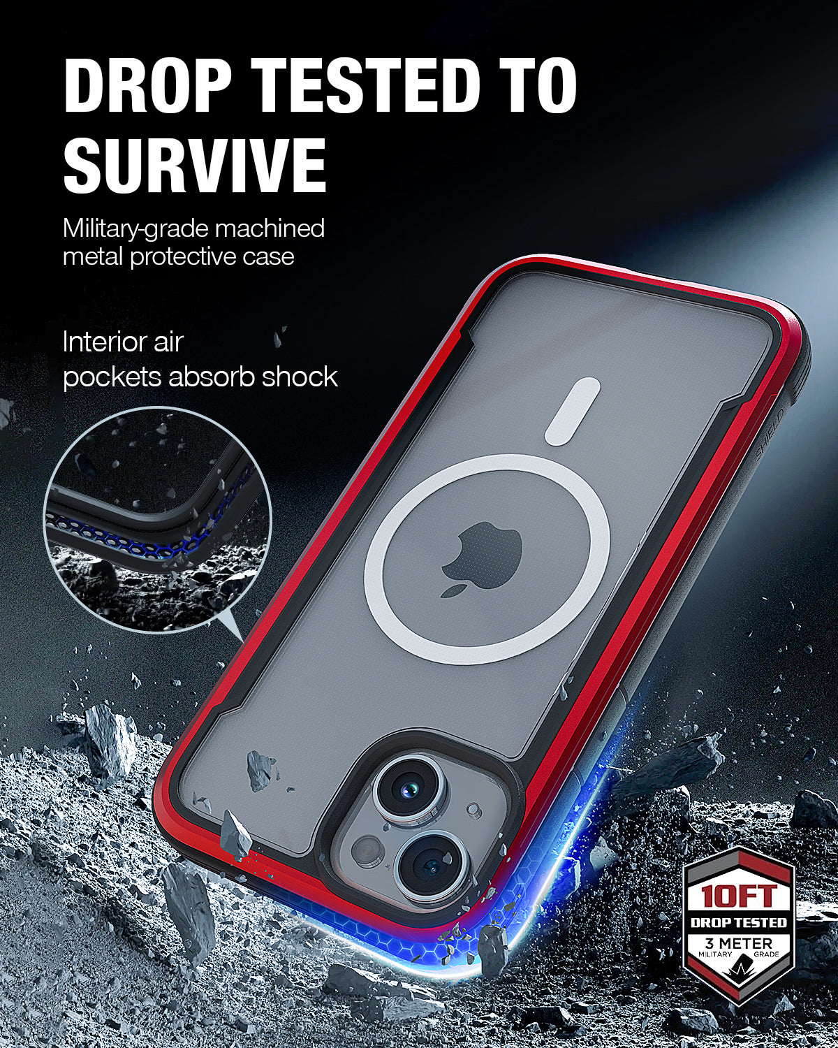 Red and clear Raptic iPhone 15 MagSafe Shield case displayed amidst shattered glass, highlighting shock absorption features and drop resistance up to 3 metres.