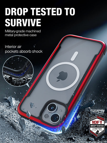 Red and clear Raptic iPhone 15 MagSafe Shield case displayed amidst shattered glass, highlighting shock absorption features and drop resistance up to 3 metres.