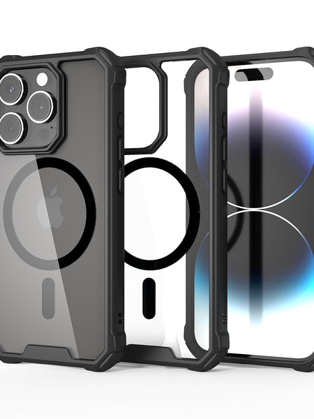 A rugged black Raptic phone case displayed beside an iPhone, featuring MagSafe compatibility and highlighting its protective design with precise cutouts for the camera and buttons.