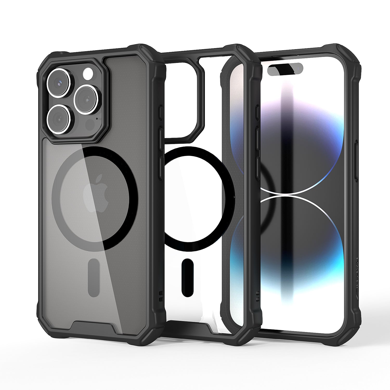 A rugged black Raptic phone case displayed beside an iPhone, featuring MagSafe compatibility and highlighting its protective design with precise cutouts for the camera and buttons.