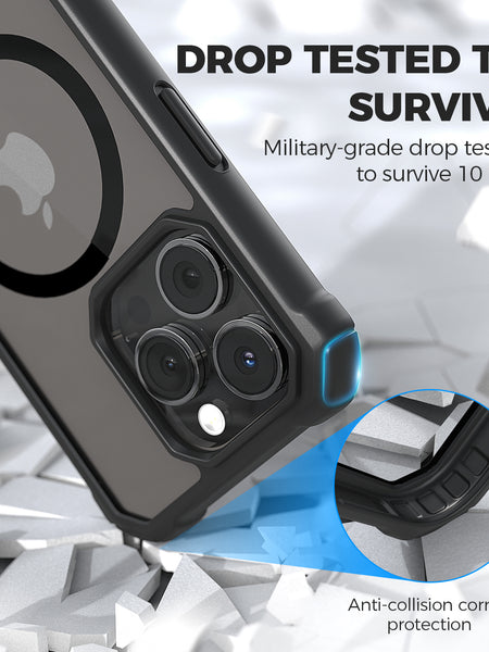 Illustration of a Raptic military-grade phone case with anti-collision corner protection featuring polycarbonate construction, highlighting its durability through drop testing to survive 10 feet.