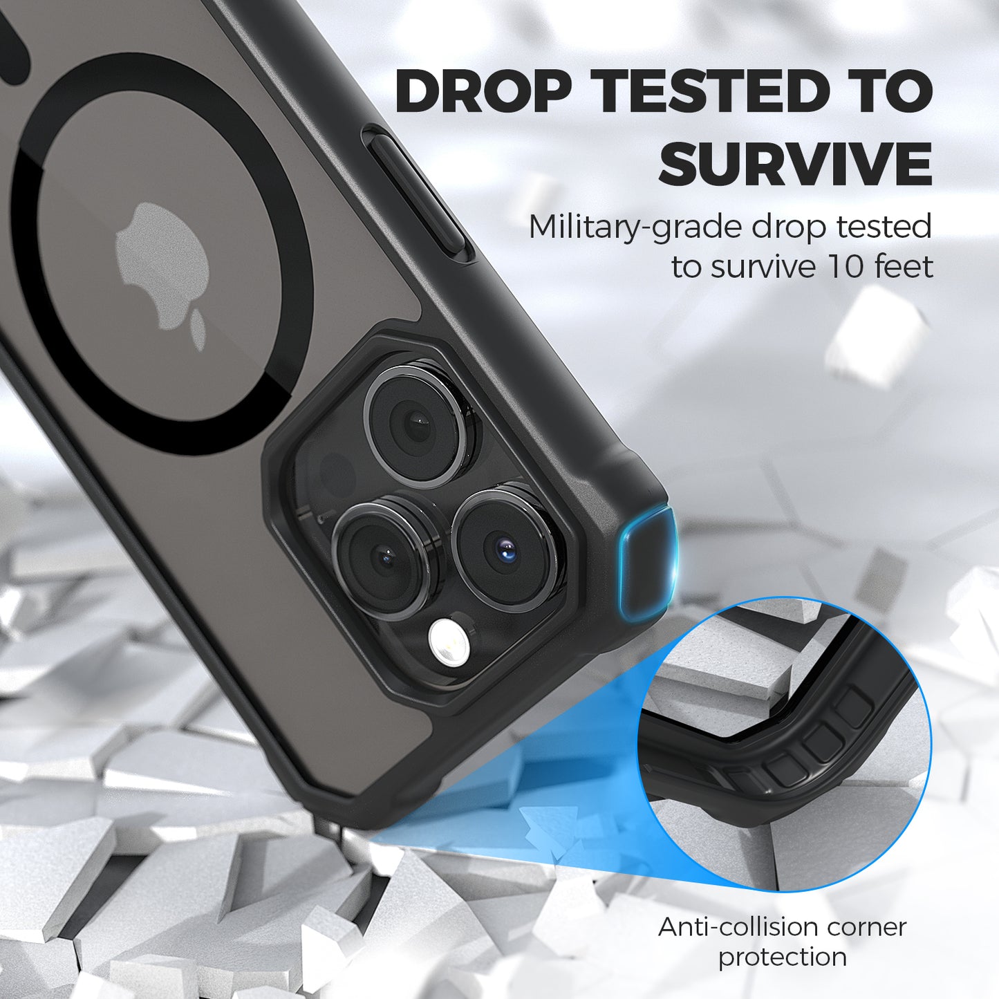 Drop tested Clear Tough MagSafe Case Raptic Air 2.0 for iPhone 15 with lightweight design and polycarbonate construction.