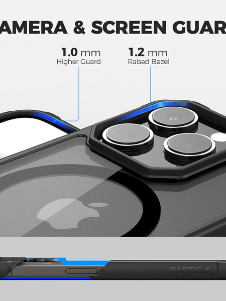 Close-up of a Raptic Clear Tough MagSafe Case iPhone 15 - Air 2.0 highlighting its camera and screen guard features with labeled measurements, designed for shock and drop protection.