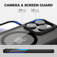 Close-up of a Raptic Clear Tough MagSafe Case iPhone 15 - Air 2.0 highlighting its camera and screen guard features with labeled measurements, designed for shock and drop protection.