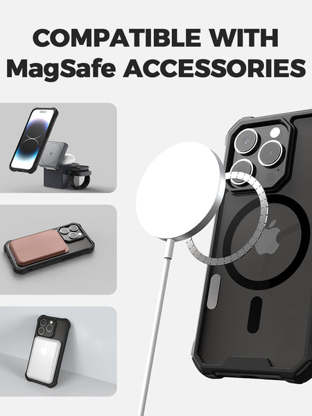Promotional image showcasing a Raptic Clear Tough MagSafe Case for iPhone 15 - Air 2.0, with polycarbonate construction, compatible with MagSafe accessories, featuring a car mount, wallet, and charging pad.