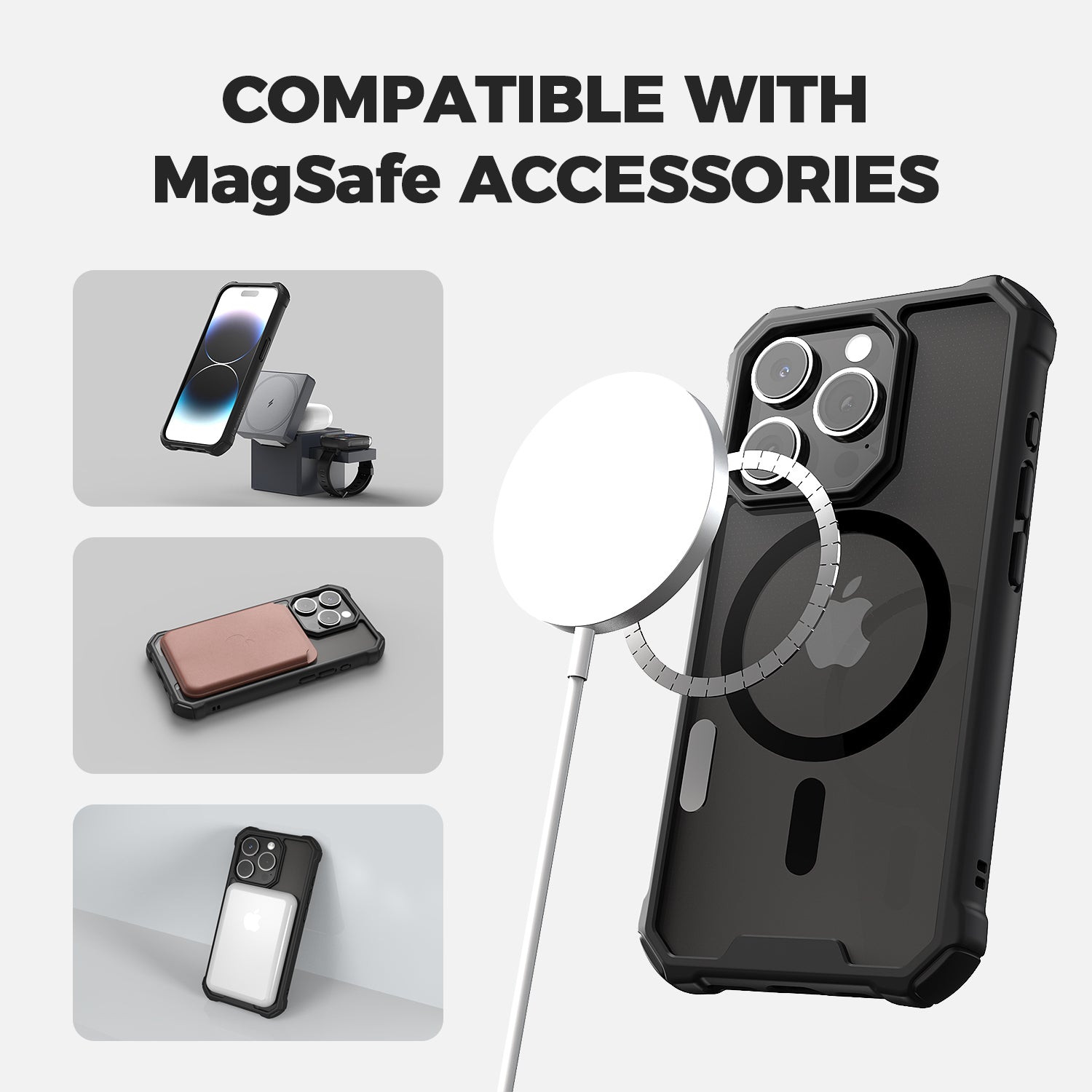Promotional image showcasing a Raptic Clear Tough MagSafe Case for iPhone 15 - Air 2.0, with polycarbonate construction, compatible with MagSafe accessories, featuring a car mount, wallet, and charging pad.