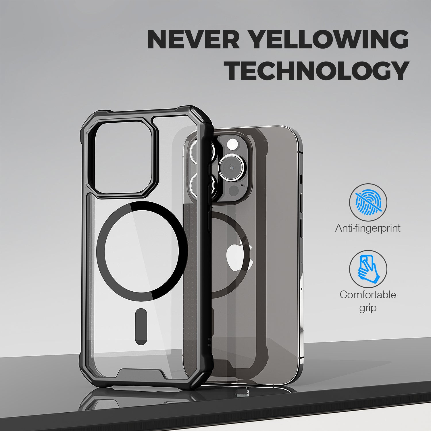 Clear Tough MagSafe Case displayed next to a smartphone, highlighting the Raptic anti-yellowing technology, anti-fingerprint, comfortable grip features, and polycarbonate construction.