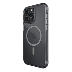 The Raptic Bumper MagSafe Case for iPhone 15 - Air showcases a clear design with a visible MagSafe ring, featuring the rear camera cutout and Apple logo. Its durable machined aluminum alloy and textured sides provide reliable protection and a secure grip.