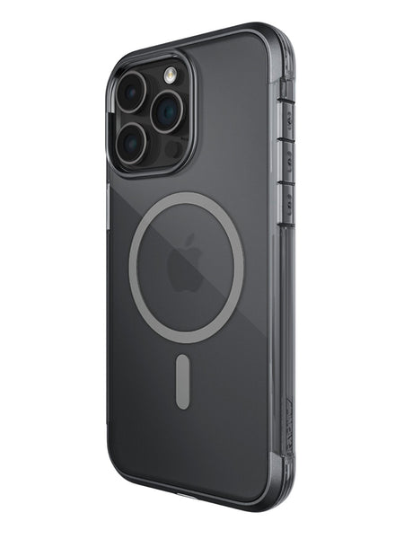 The Raptic Bumper MagSafe Case for iPhone 15 - Air showcases a clear design with a visible MagSafe ring, featuring the rear camera cutout and Apple logo. Its durable machined aluminum alloy and textured sides provide reliable protection and a secure grip.