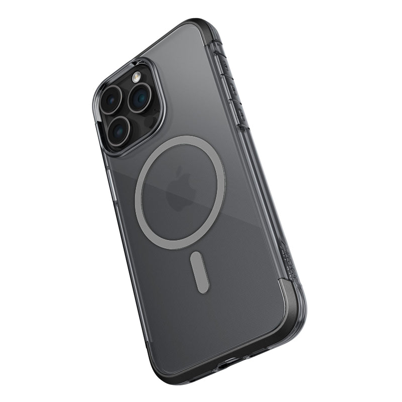 The Raptic Bumper MagSafe Case for iPhone 15 - Air provides robust protection with a circular machined aluminum alloy design, supporting magnetic charging and highlighting your smartphone's triple camera lenses.