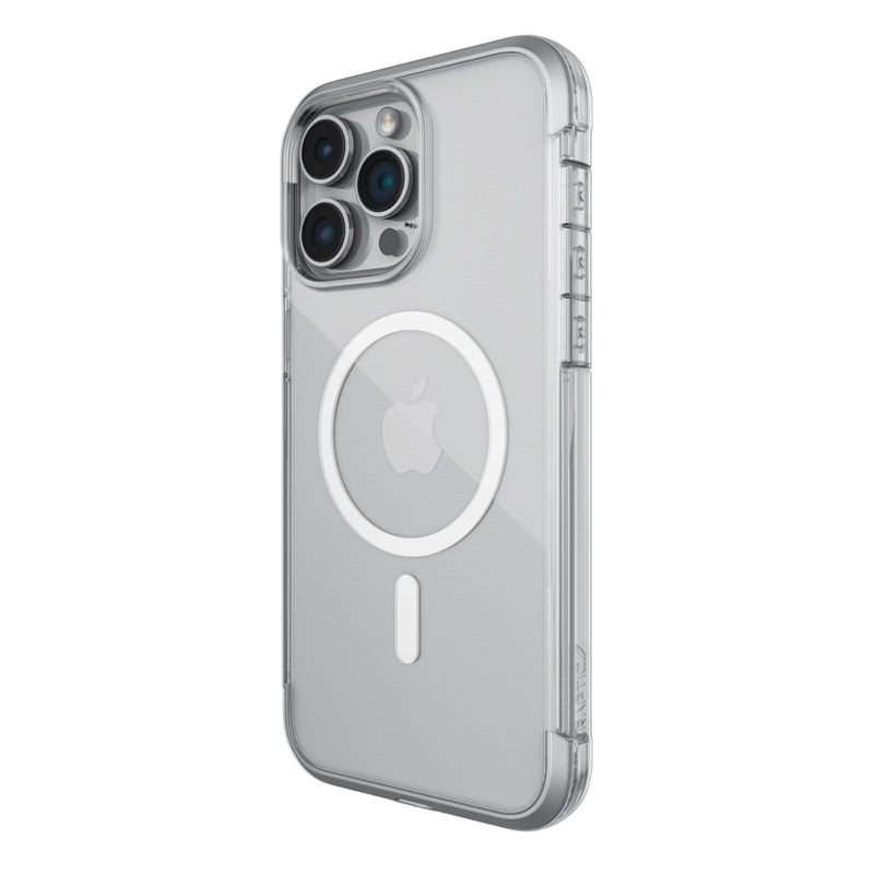 Raptic MagSafe Impact Clear Case on an iPhone showing triple camera setup and Apple logo.