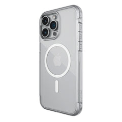 The Raptic Bumper MagSafe Case for iPhone 15 - Air provides durable protection with a clear design, features three camera lenses and an Apple logo, and is highlighted by machined aluminum alloy with a circular pattern on the back.