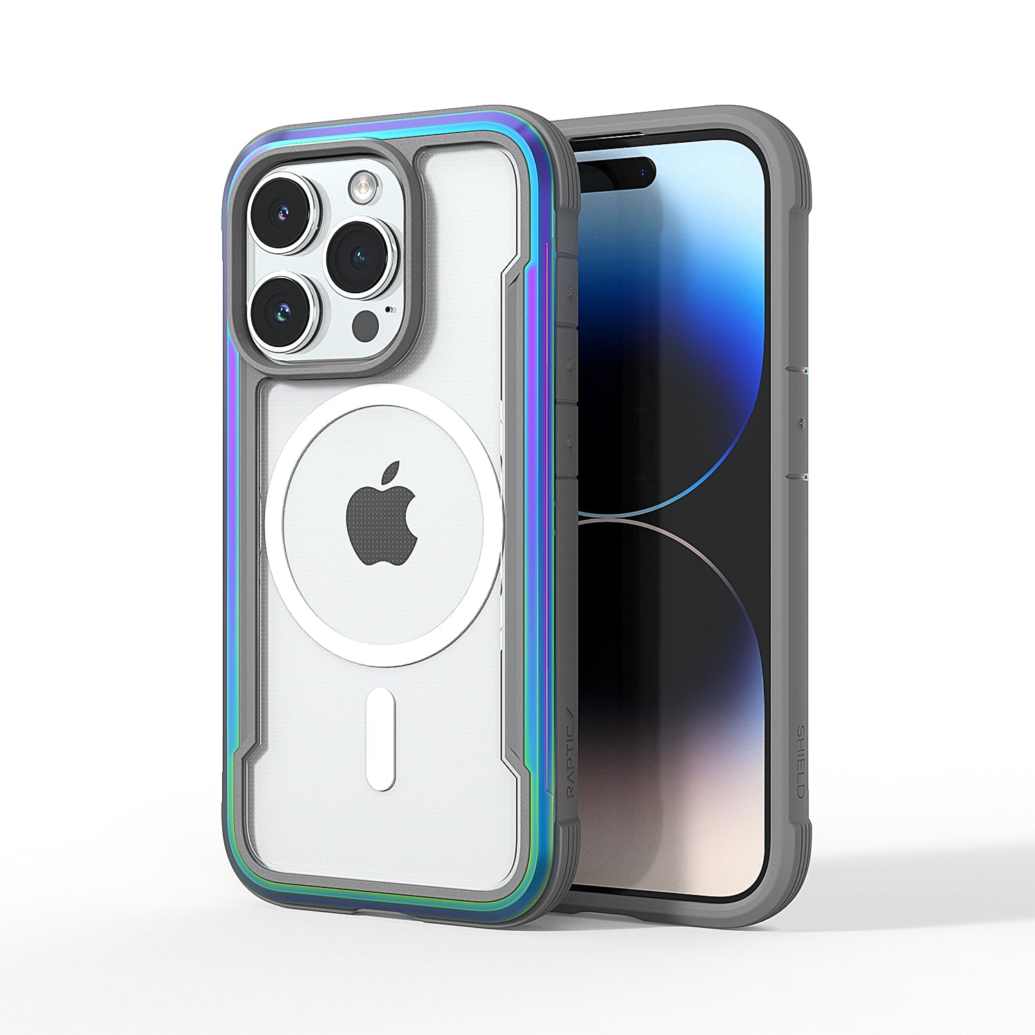 Transparent ProMagnet iPhone 15 MagSafe Shield case by Raptic on an iPhone with MagSafe compatibility, featuring reinforced corners and visible internal cushioning.