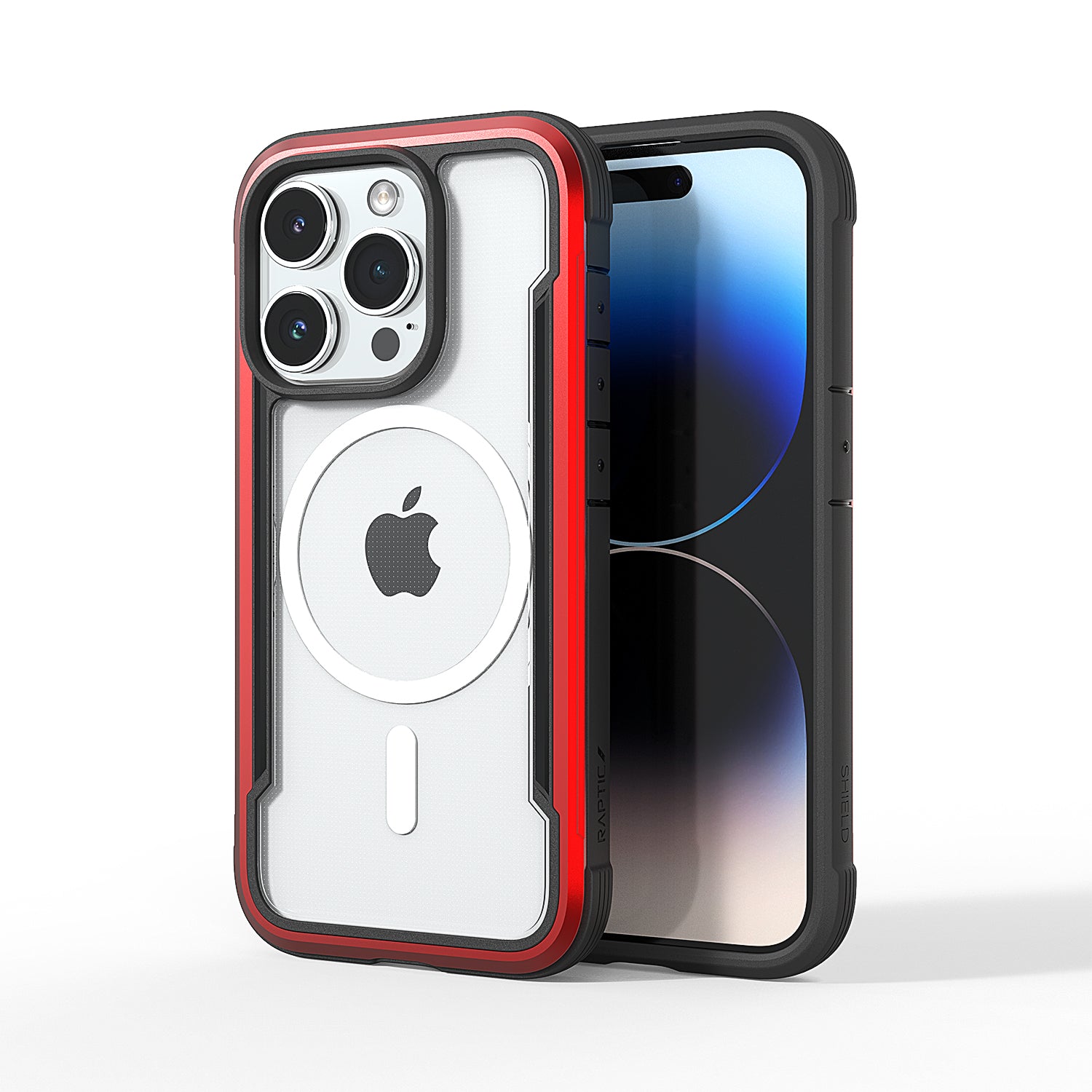 An iPhone 15 with a triple-camera in a red and clear Raptic MagSafe Shield Case, displayed against a white background, featuring wireless charging compatibility.