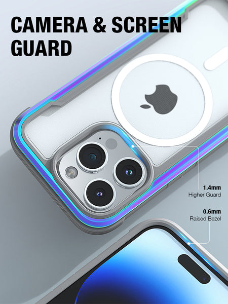 Close-up of a Raptic iPhone 15 MagSafe Shield Case in a ProMagnet case highlighting the camera and screen guard features, with measurements for the guards displayed.