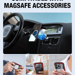 Promotional poster for MagSafe-compatible accessories, featuring images of a car mount, desk setup, and Raptic iPhone 15 MagSafe Shield cases being used with a smartphone.