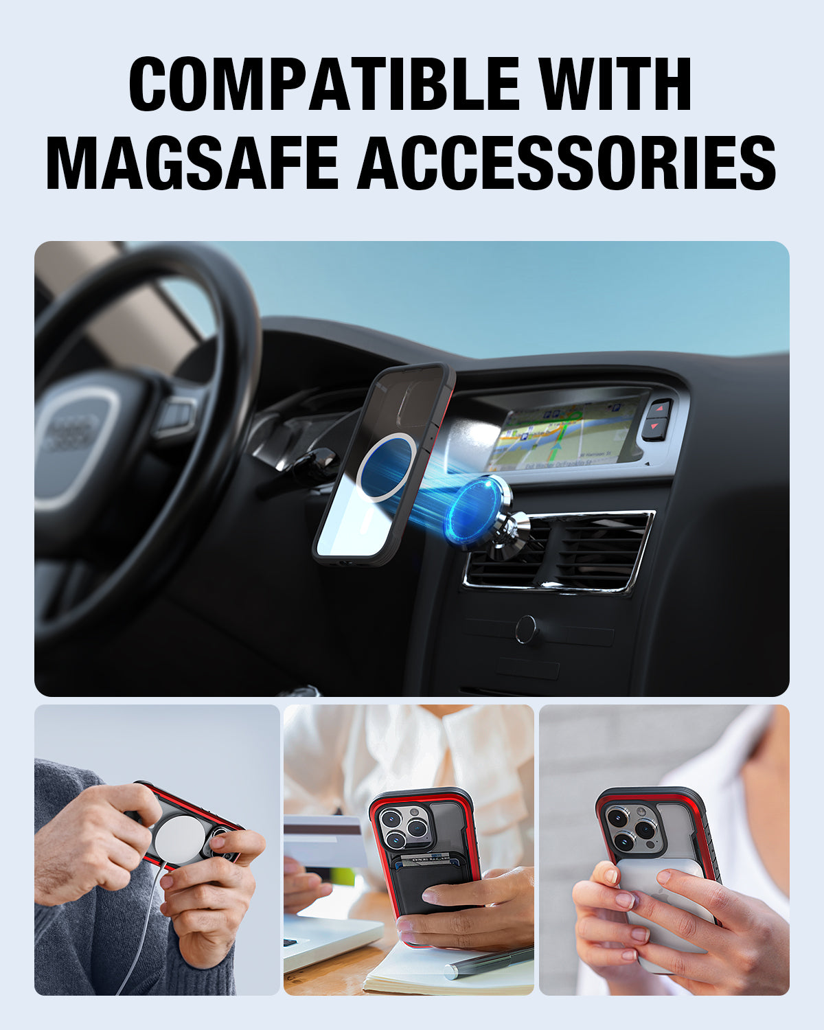 Promotional poster for MagSafe-compatible accessories, featuring images of a car mount, desk setup, and Raptic iPhone 15 MagSafe Shield cases being used with a smartphone.