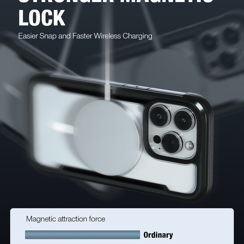 Smartphone with a Raptic iPhone 15 MagSafe Shield case and a magnetic wireless charger attached, emphasizing strong magnetic snap and faster charging, with graphical comparison of magnetic force levels.