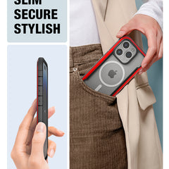 A person slides a red and silver Raptic iPhone 15 MagSafe Shield Case phone with a triple camera into their brown trousers pocket, with another image showing a close-up of the phone in hand, labeled