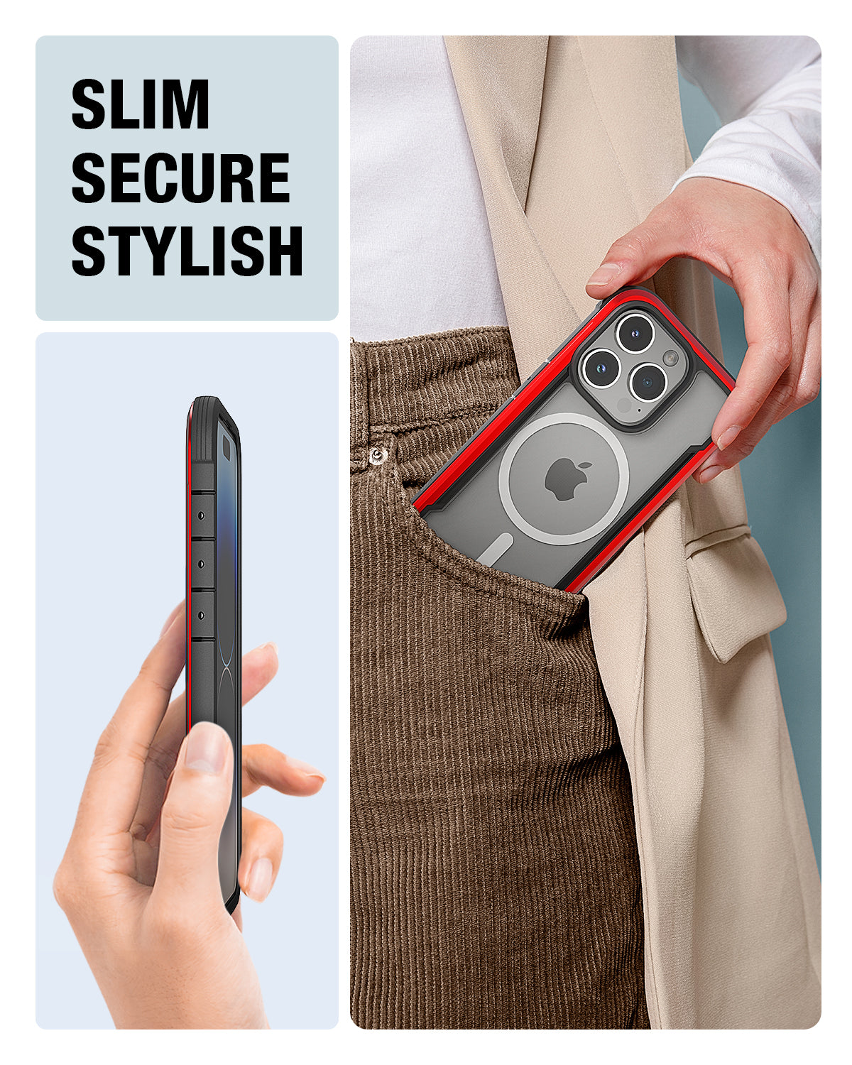 A person slides a red and silver Raptic iPhone 15 MagSafe Shield Case phone with a triple camera into their brown trousers pocket, with another image showing a close-up of the phone in hand, labeled