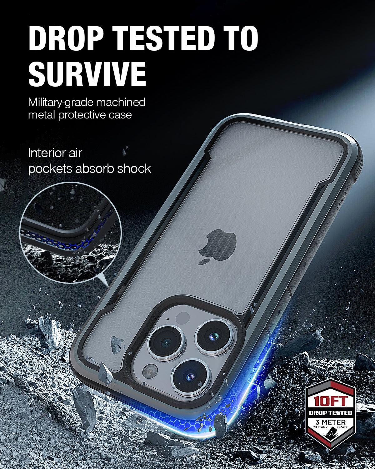 High-performance Raptic Shield iPhone 15 Shield case drop tested to survive with 3-metre drop protection.
