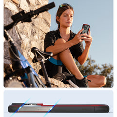 A woman is holding a Raptic Shield iPhone 15 Shield Case while sitting on a bike in Australia.