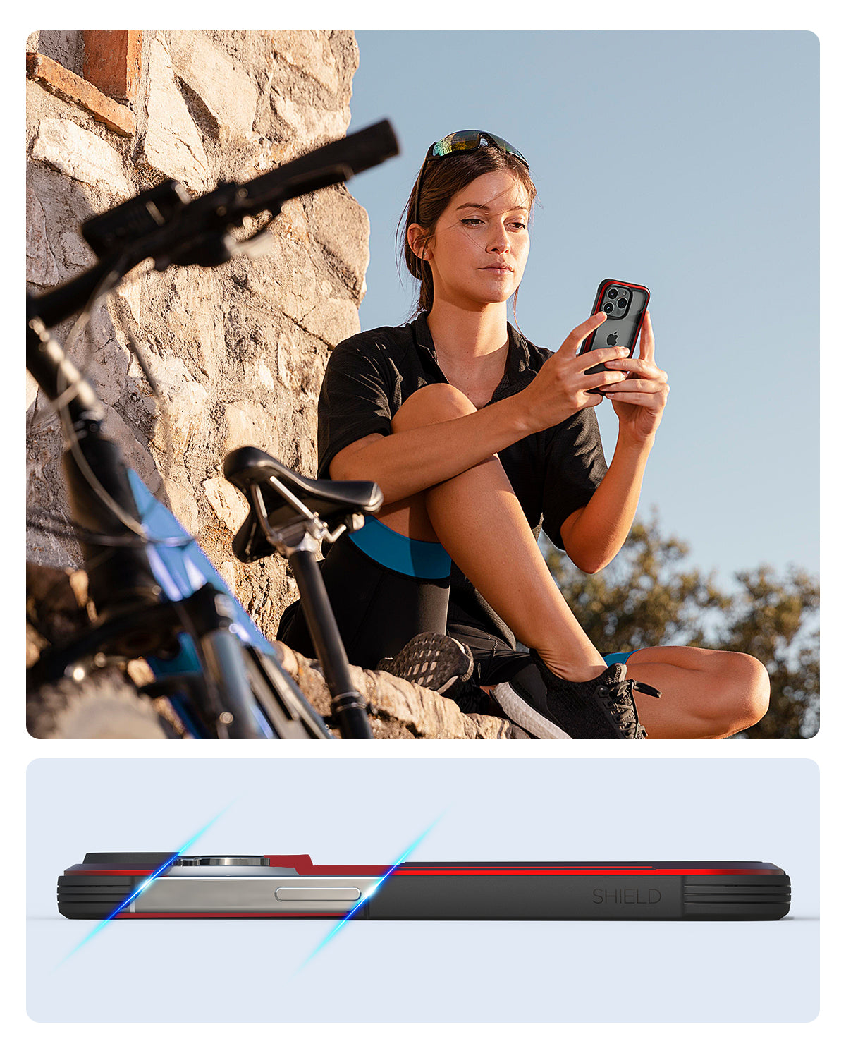 A woman is holding a Raptic Shield iPhone 15 Shield Case while sitting on a bike in Australia.