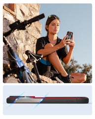 A woman is holding a Raptic iPhone 15 Shield Complete Protection Bundle Privacy with a high-performance phone case while sitting on a bike.