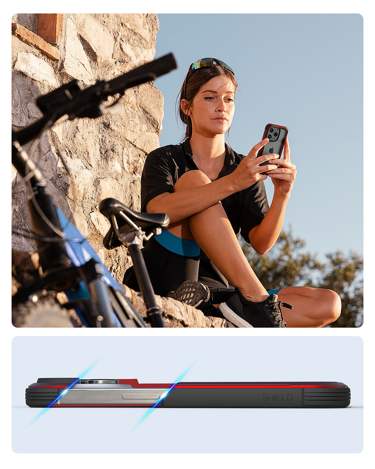 A woman is holding a Raptic iPhone 15 Shield Complete Protection Bundle Clear while sitting on a bike, showcasing its drop protection.