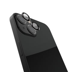 A black iPhone 15 with a Raptic Armour camera protector and three Raptic lenses on it.