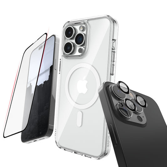 The Raptic iPhone 15 Crystal MagSafe Case Complete Protection Bundle Clear is shown with a phone and a camera.