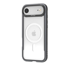 An iPhone 17 in a clear, military-grade Raptic Shield Case by Raptic, featuring a visible Apple logo and a circular MagSafe ring on the back.