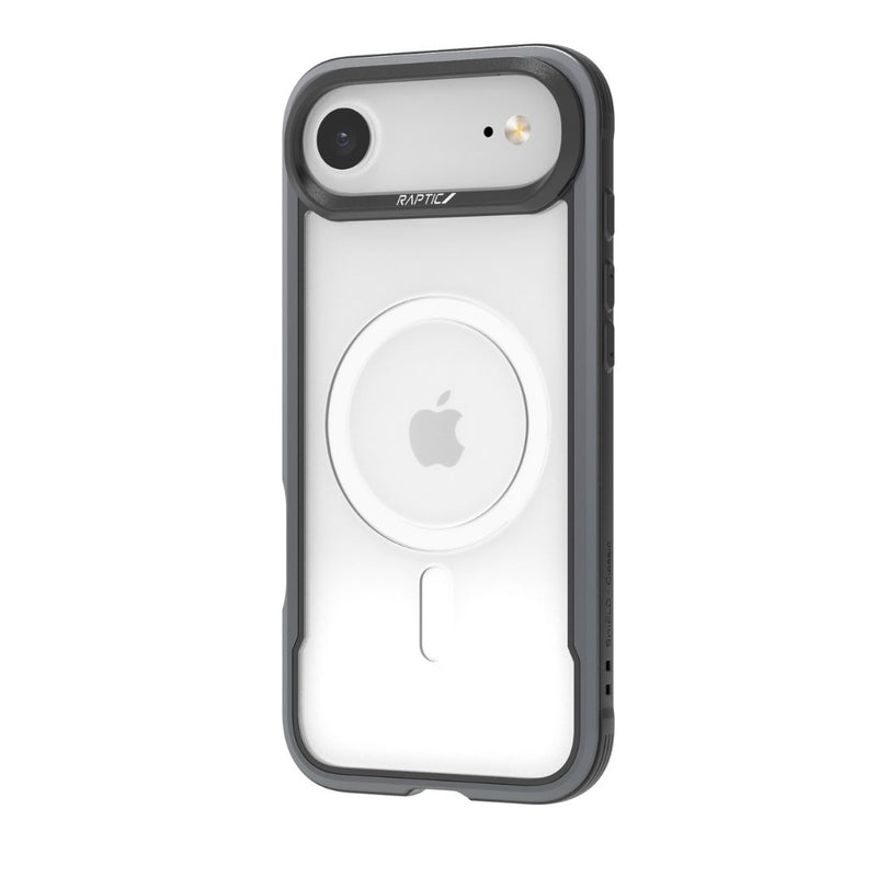 An iPhone 17 in a clear, military-grade Raptic Shield Case by Raptic, featuring a visible Apple logo and a circular MagSafe ring on the back.