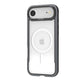 An iPhone 17 in a clear, military-grade Raptic Shield Case by Raptic, featuring a visible Apple logo and a circular MagSafe ring on the back.