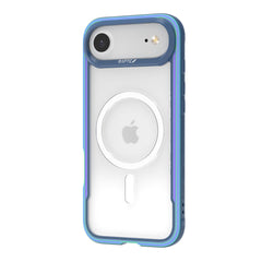 The Raptic Shield iPhone 17 case in blue and clear fits the device snugly, displaying the Apple logo and a raised camera bump, while offering military-grade shockproof protection and MagSafe compatibility.